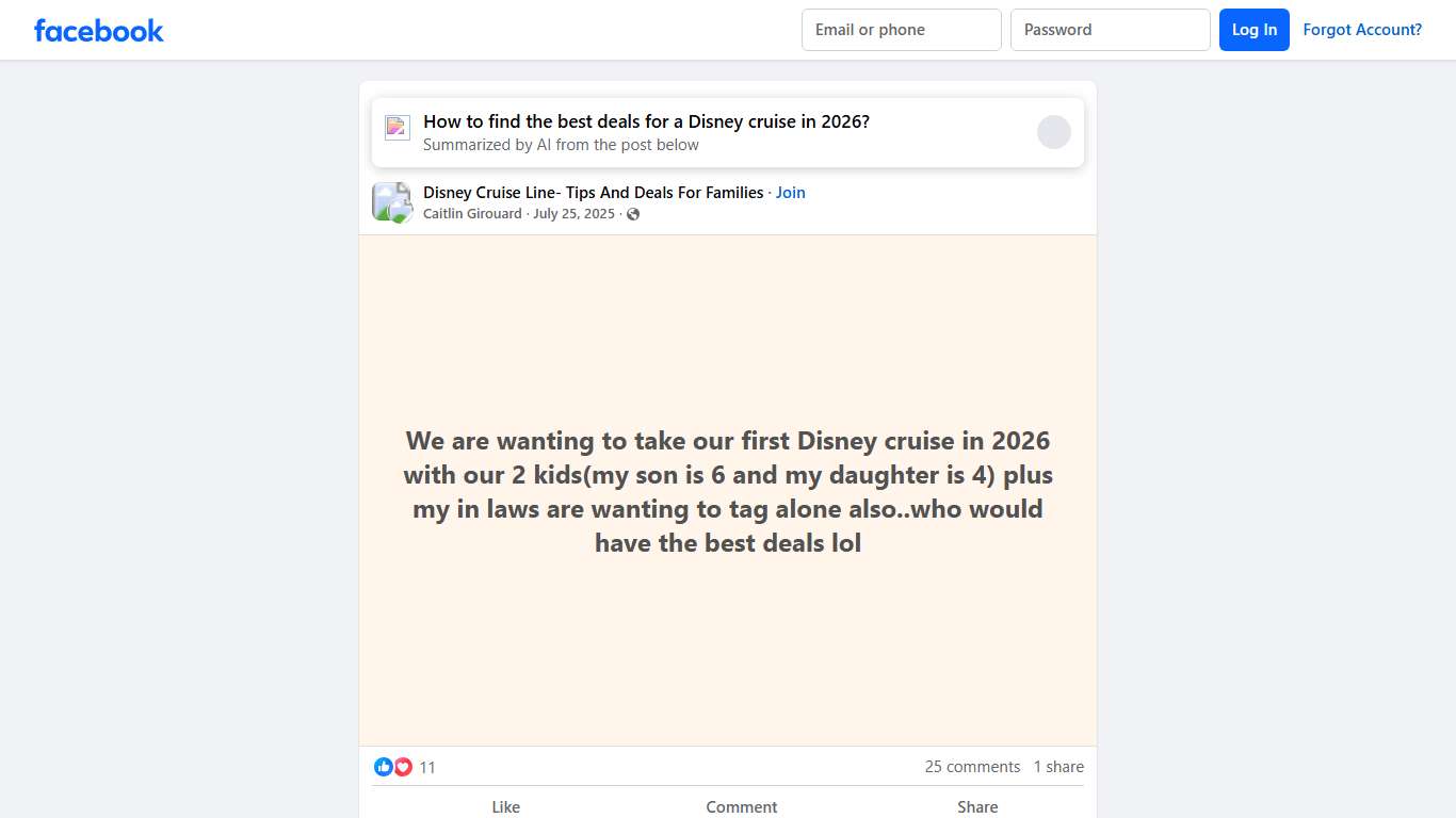 Disney Cruise Line- Tips And Deals For Families We are wanting to take our first Disney cruise in 2026 with our 2 kids(my son is 6 and my daughter is 4) plus my in laws are wanting to tag alone also... Facebook