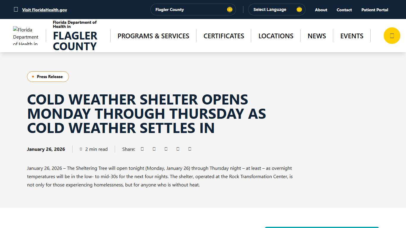 Cold Weather Shelter Opens Monday Through Thursday As Cold Weather Settles In - Florida Department of Health in Flagler County